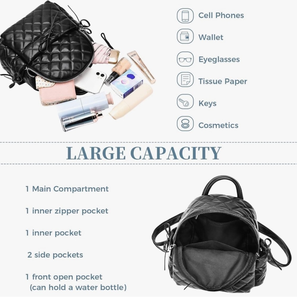 Metallic Silver Mini Backpack Quilted Vegan Leather Bowknot Shoulder Bag - Picture 9 of 10